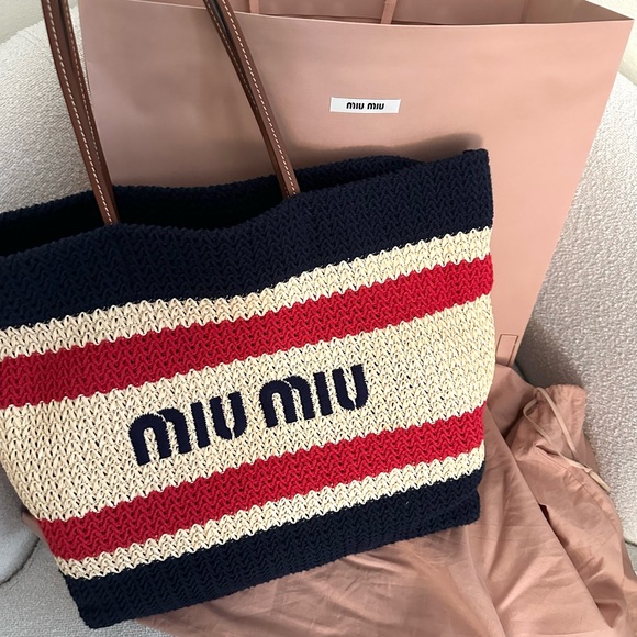 Miu Miu Navy, Red, and Cream crochet and Raffia Tote Bag - Picture 1 of 12
